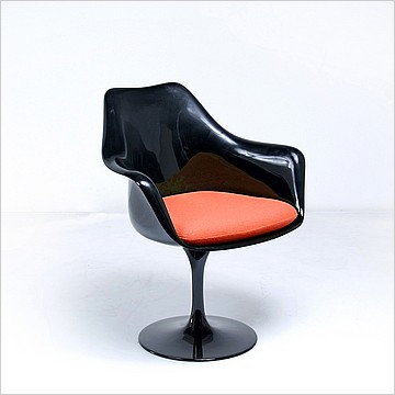 Saarinen Style: Tulip Arm Chair - Black Shell - Tangerine Orange Upholstered Seat Cushion