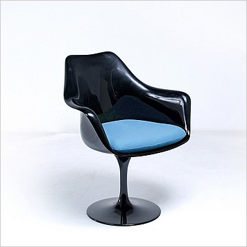 Saarinen Style: Tulip Arm Chair - Black Shell - Aegean Blue Upholstered Seat Cushion