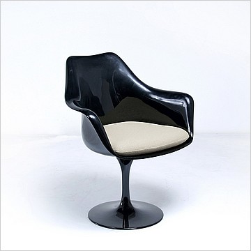 Saarinen Style: Tulip Arm Chair - Black Shell - Putty Tan Upholstered Seat Cushion