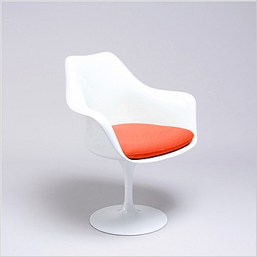 Saarinen Style: Tulip Arm Chair - White Shell - Tangerine Orange Upholstered Seat Cushion