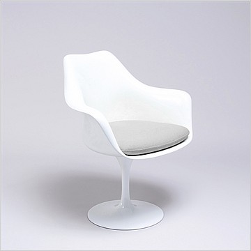 Saarinen Style: Tulip Arm Chair - White Shell - Smoke Gray Upholstered Seat Cushion