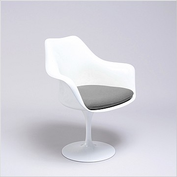 Saarinen Style: Tulip Arm Chair - White Shell - Mica Gray Upholstered Seat Cushion