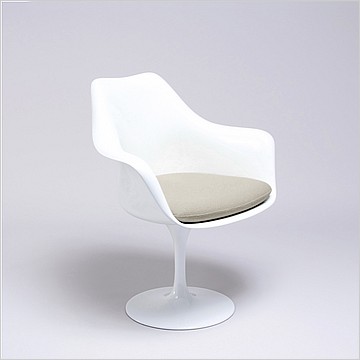 Saarinen Style: Tulip Arm Chair - White Shell - Putty Tan Upholstered Seat Cushion