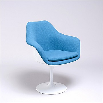 Saarinen Style: Tulip Arm Chair - White Shell - Fully Upholstered - Aegean Blue Fabric