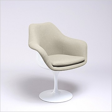 Saarinen Style: Tulip Arm Chair - White Shell - Fully Upholstered - Putty Tan Fabric