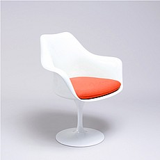 Show product details for Saarinen Style: Tulip Arm Chair - White Shell - Tangerine Orange Upholstered Seat Cushion