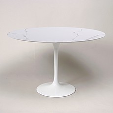 Saarinen Style: Tulip Dining Table 48 Inch Round - White Quartz with Grey Veins