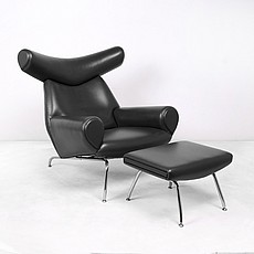 Show product details for Wegner Ox Chair and Ottoman - Black Leather