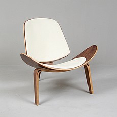 Show product details for Clearance: Wegner Style Shell Chair - Polar White Leather and Medium Walnut Wood