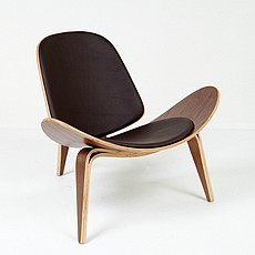 Show product details for Clearance: Wegner Style Shell Chair - Java Brown Leather and Medium Walnut Wood