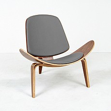 Show product details for Clearance: Wegner Style Shell Chair - Charcoal Gray Leather and Medium Walnut Wood