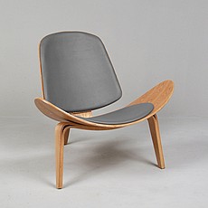 Show product details for Clearance: Wegner Style Shell Chair - Charcoal Gray Leather and Oak Natural Finish