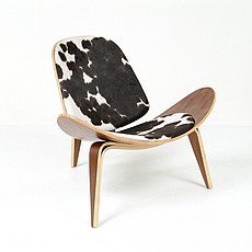 Show product details for Clearance: Wegner Style Shell Chair - Black/White Pony Hide and Medium Walnut Wood