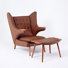 Show product details for Papa Bear Chair and Footstool - Saddle Brown Leather - Walnut Finish