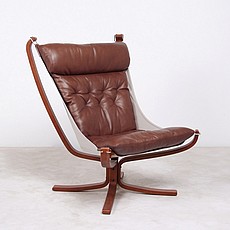 Show product details for Sigurd Ressell Style: Falcon Chair with Wood Frame - Saddle Brown Leather - Tan Canvas