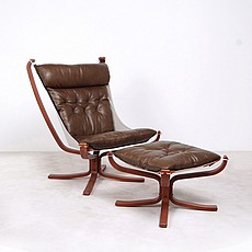 Sigurd Ressell Style: Falcon Chair and Ottoman with Wood Frame - Espresso Brown Leather - Tan Canvas